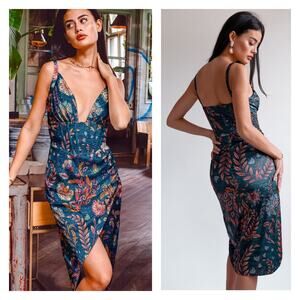 Averie Halley Draped Midi Dress Flowery Print On Cobalt Blue  Size S